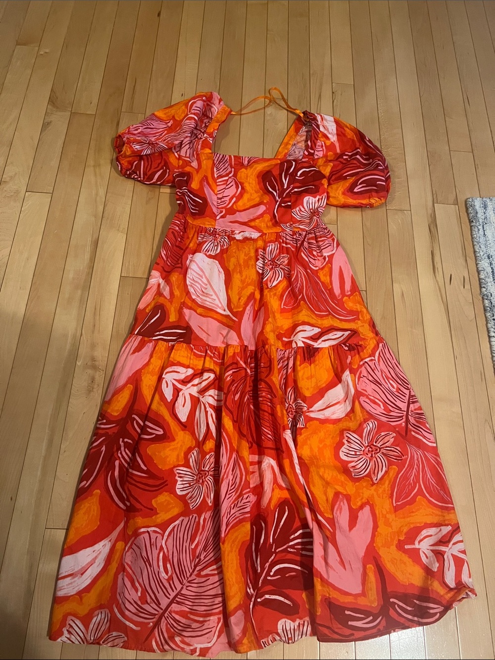 Bold Orange & Pink Floral Maxi Dress with Puff Sleeves
